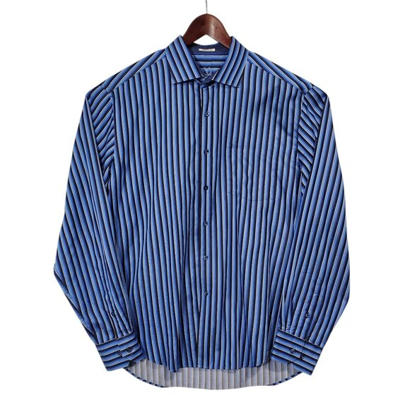Bugatchi Uomo Mens XL Blue Black Striped Shaped Fit Long Sleeve Button-Up Shirt - Picture 1 of 10